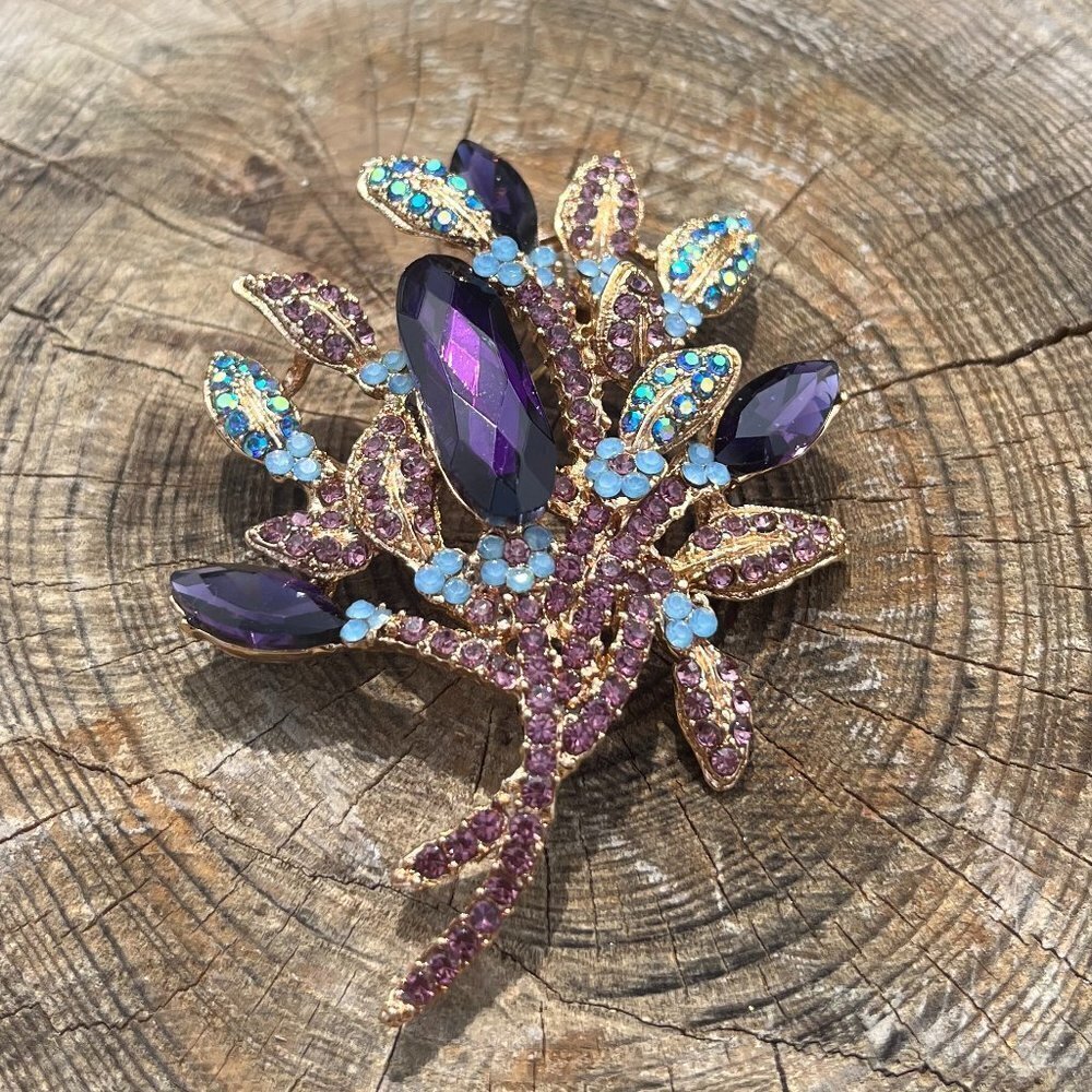 Flower Bouquet Purple Blue Crystal Gold Tone Large Brooch Pendant